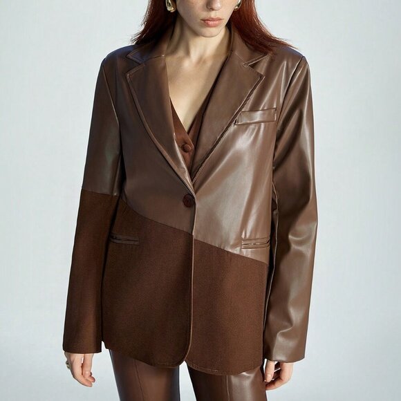 Brown Elegant Women's Style Asymmetrical Design Woven Fabric Patchwork Blazer - Picture 5 of 7